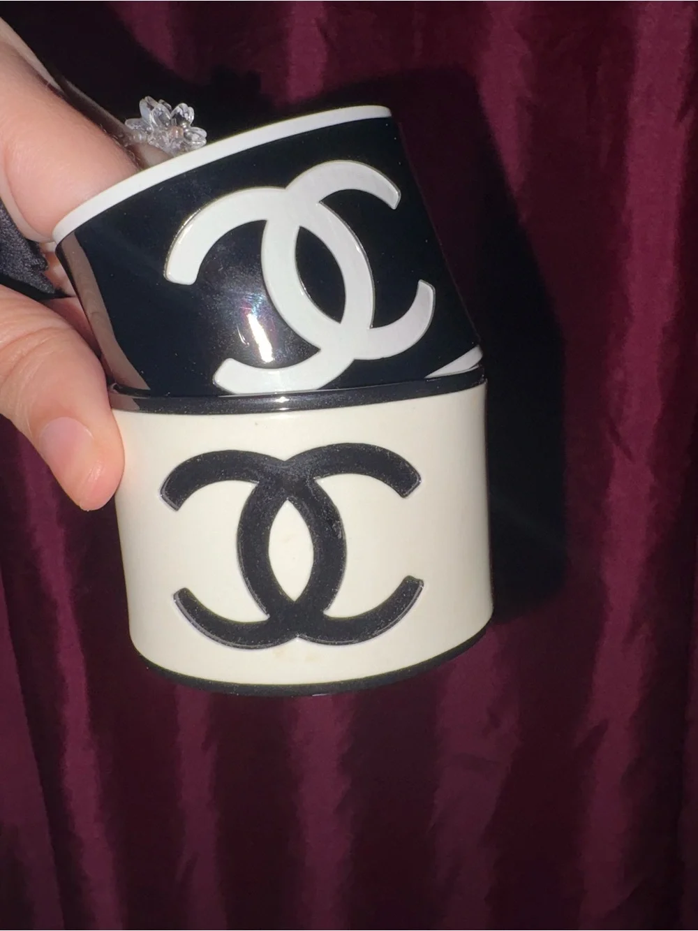 CHANEL Black and White Resin CC ying yang Open Cuff Bracelet set